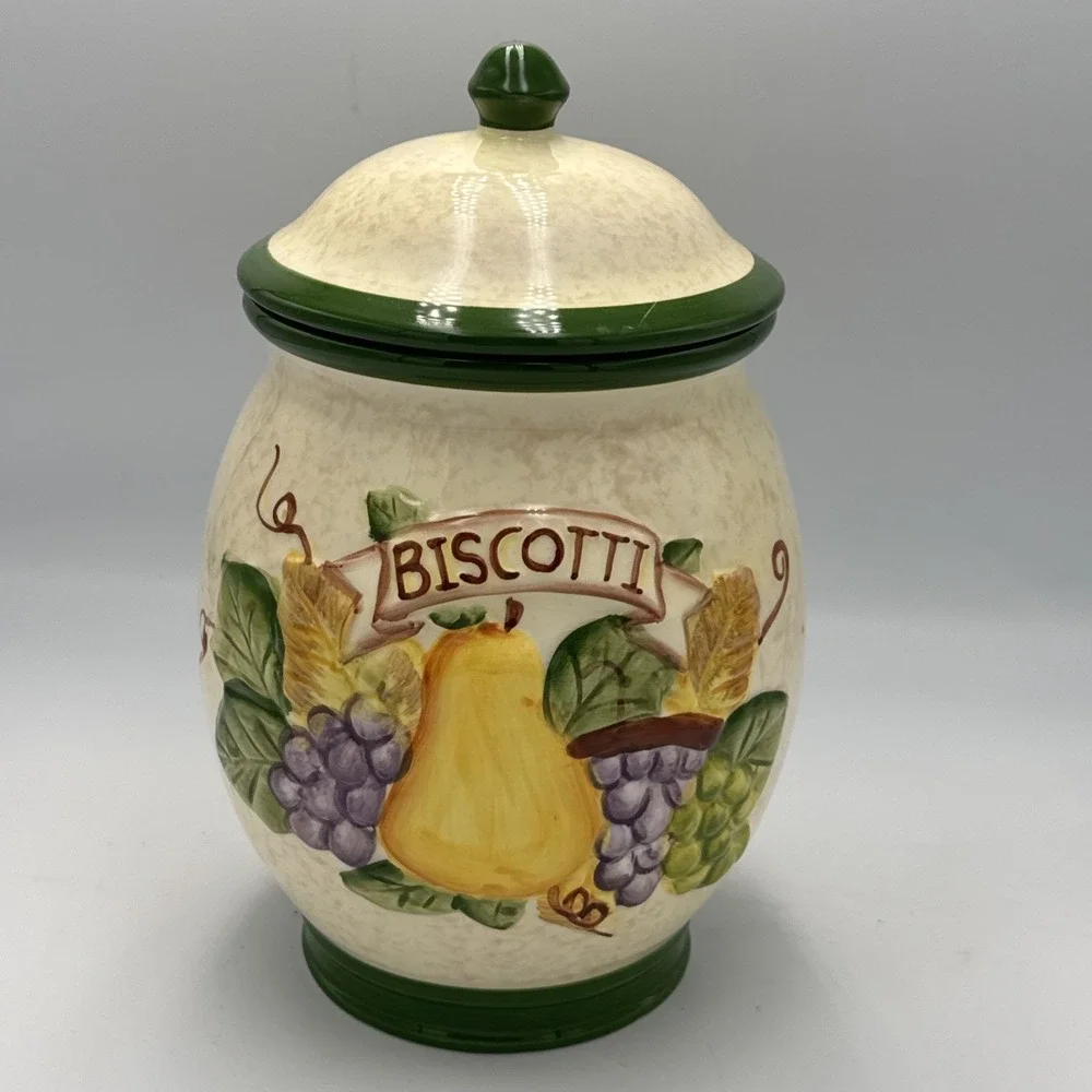 Nonnis Biscotti Cookie Jar Canister Vintage Apple Pear Grape Ceramic Lid 9in